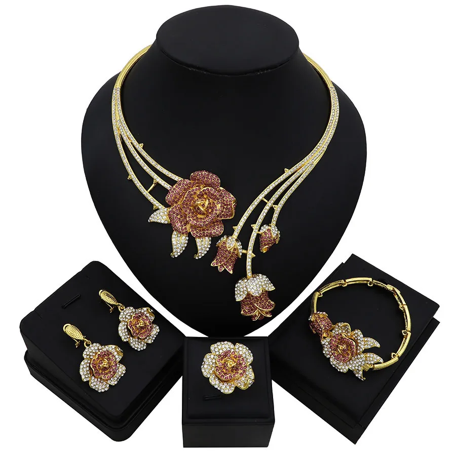 TSROUND Purple Jewelry Set Abstract Flower Pendant Pattern Dubai Costume Jewelry African Necklace Earring Set for Women Rhin - Окраска металла: Золотой цвет