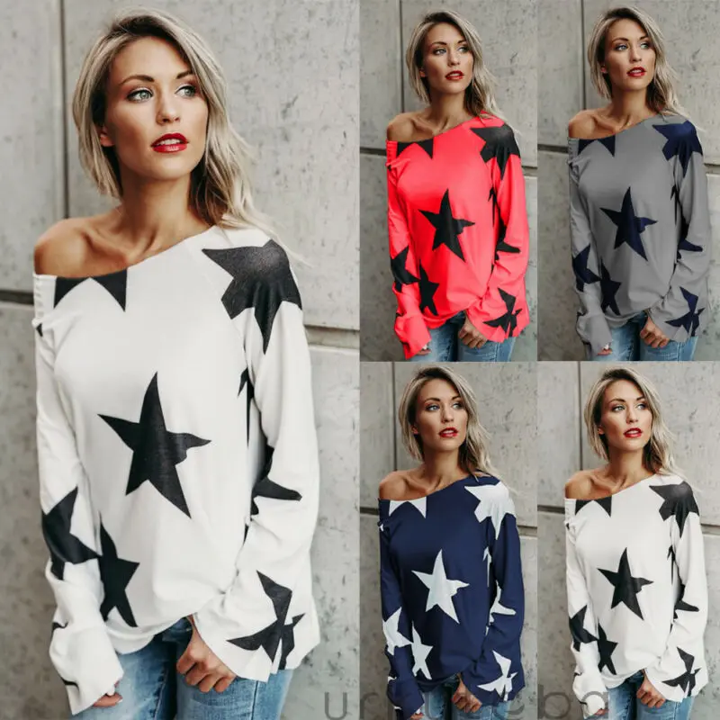 

2019 Autumn Winter Women Off shoulder Stars Printed Long Sleeve O Neck Fashion T-Shirt Ladies Casual Tops