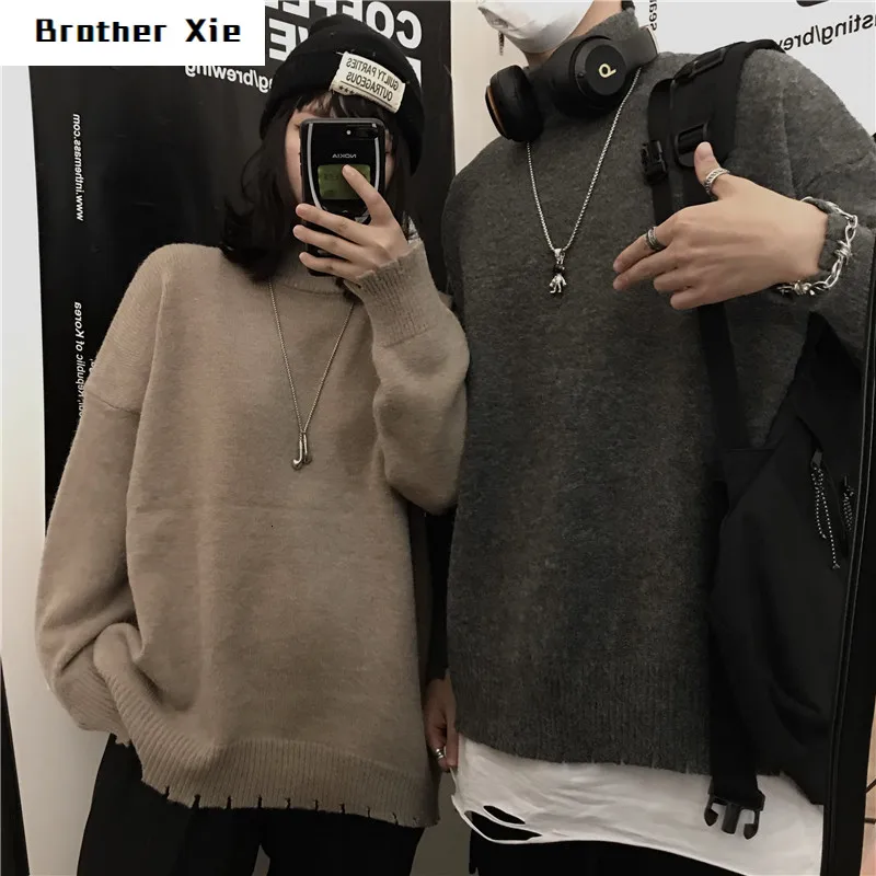 

Winter High Collar Sweater Men's Warm Fashion Solid Color Casual Knit Pullover Man Wild Loose Long Sleeve Hole Sweater Male