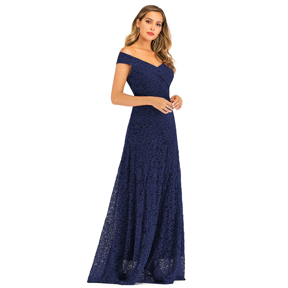 new lady off-shoulder lace sexy long dress women banquet elegant solid slim dress