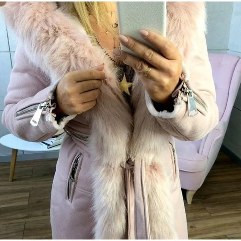 New ]Women Hoody Jackets Coats Mid-long Plush Collar Solid Belt Parkas Soft Fur Autumn Winter Jacket Outerwear Plus Size
