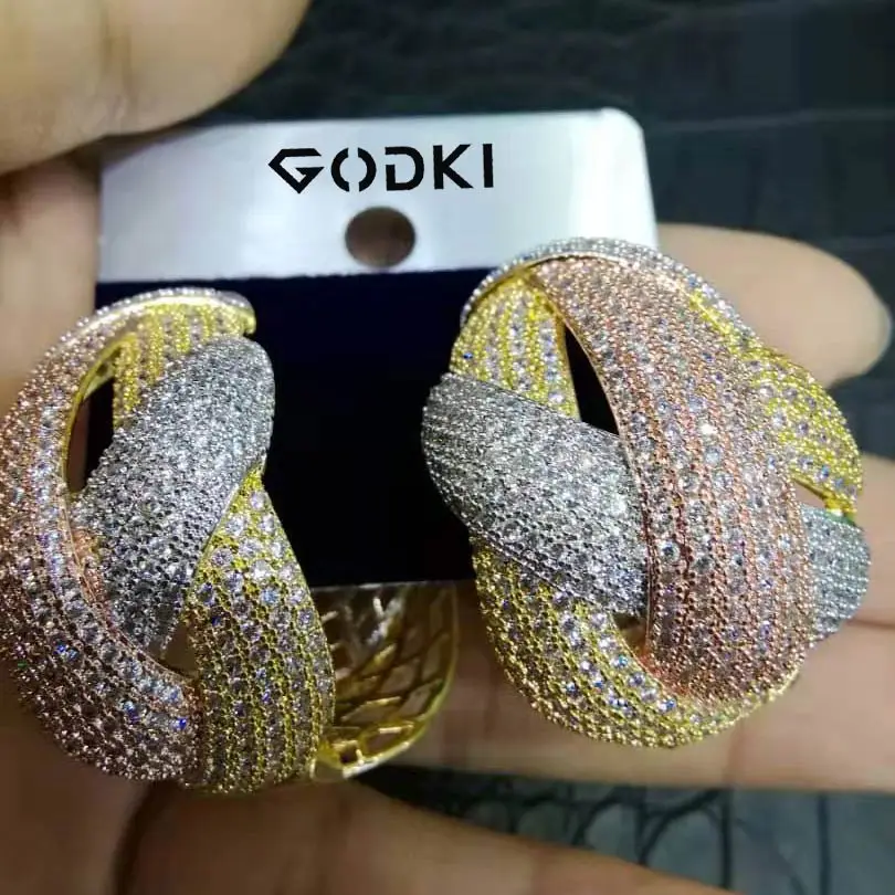 

GODKI Cross Luxury 3 Tone Cubic Zircon Statement Hoop Earrings For Women Wedding DUBAI Bridal Square Circle Hoop Earrings 2019