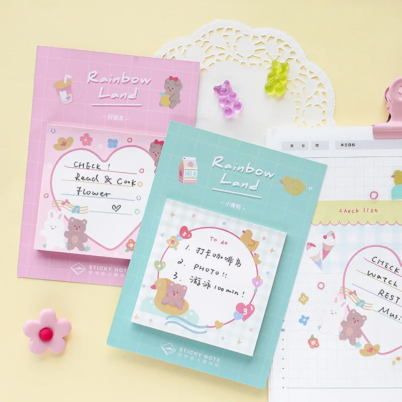 

4pcs Rainbow land color sticky note set Cute bear duck friends adhesive memo pad Planner stickers Office School supplies F763