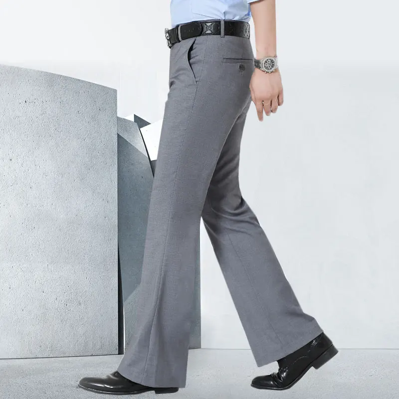 Men Flared Boot Cut Trousers Business Casual Classic Office No Ironing Required Elasticity Black Slim Bottom Formal Suit Pants