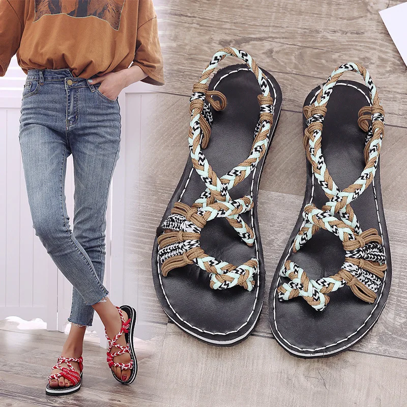 Women Sandals Plus Size 43 Summer Women Casual Beach Sandals Mixed Colors Rope Knot Sandals Women Open Toe Flat Romen Sandals