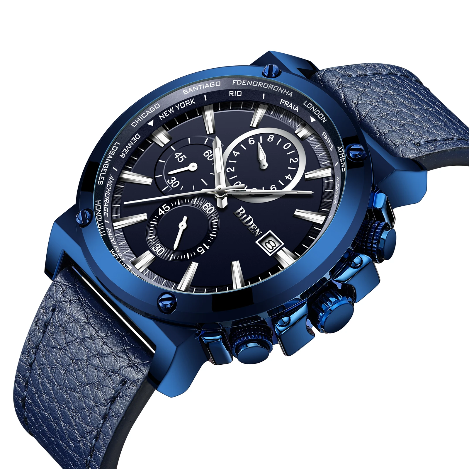 Мужские кварцевые часы BIDEN Montre Homme синие наручные с кожаным ремешком в стиле