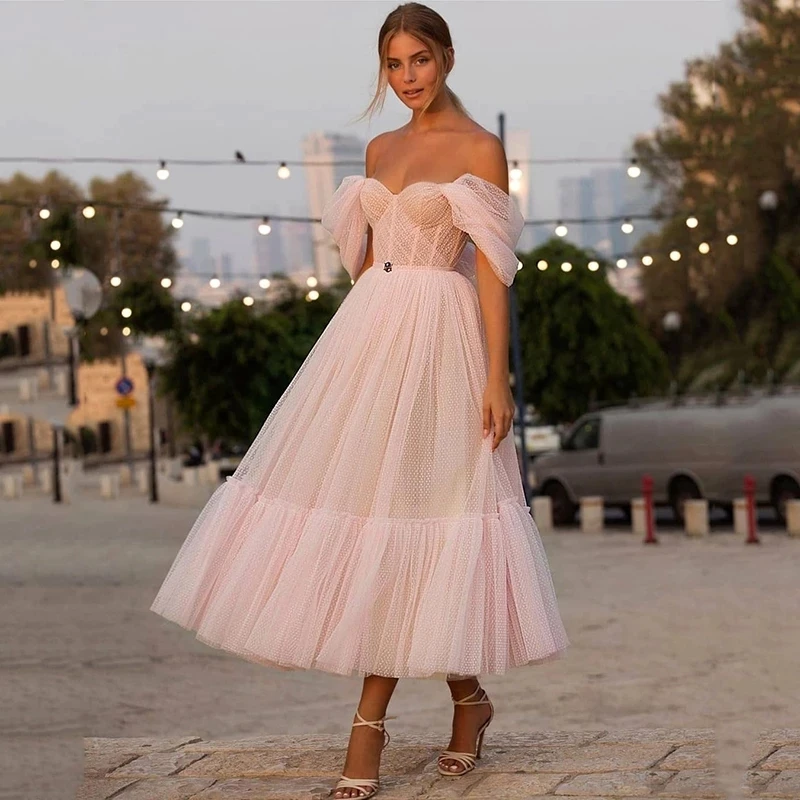 LORIR New Pink Sweetheart Off The Shoulder Dot Net Prom Dress 2021 Fashion A-Line Tea Length Evening Dress Plus Size Party Dress