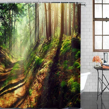 

Green Forest Trail Sunlight Bath Curtains Waterproof Washable Bathroom Shower Curtain Screen with Hooks Accessories
