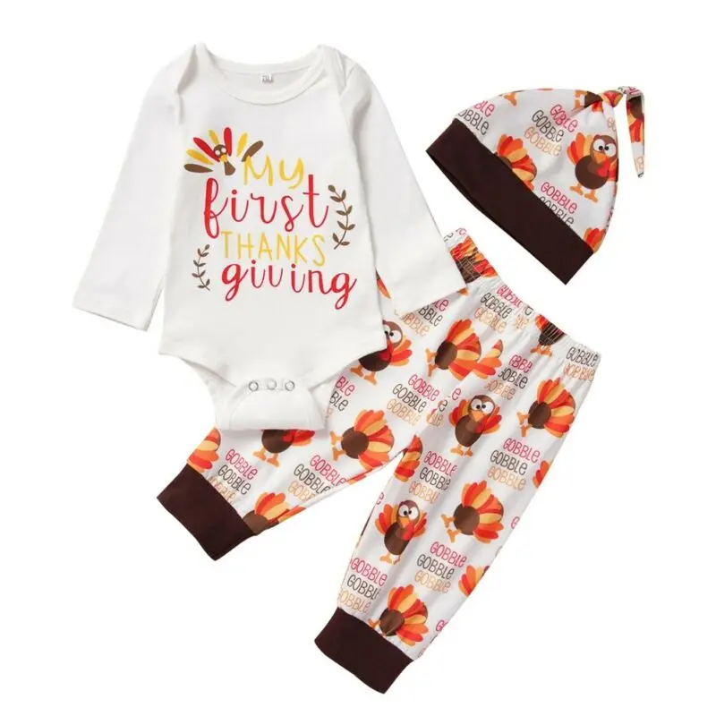  Newborn Baby My First Thanksgiving 3PCS Outfit Cute Turkey Printed Little Boys Girls Bodysuit+Pants