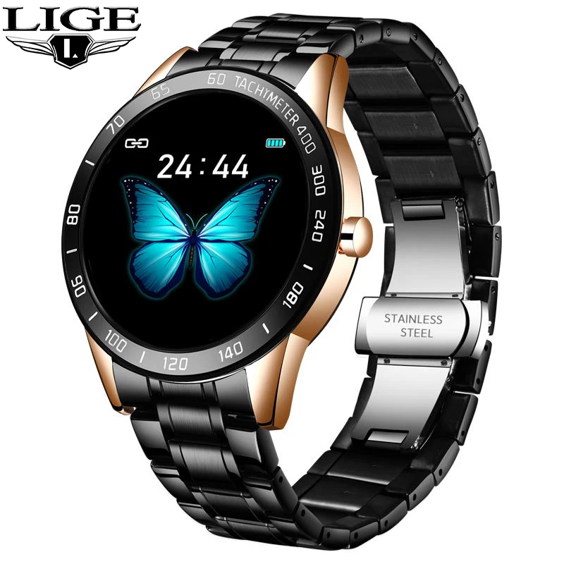 

LIGE 2020 New steel smart watch men leather smart watch sport For iPhone Heart rate blood pressure Fitness tracker smartwatch