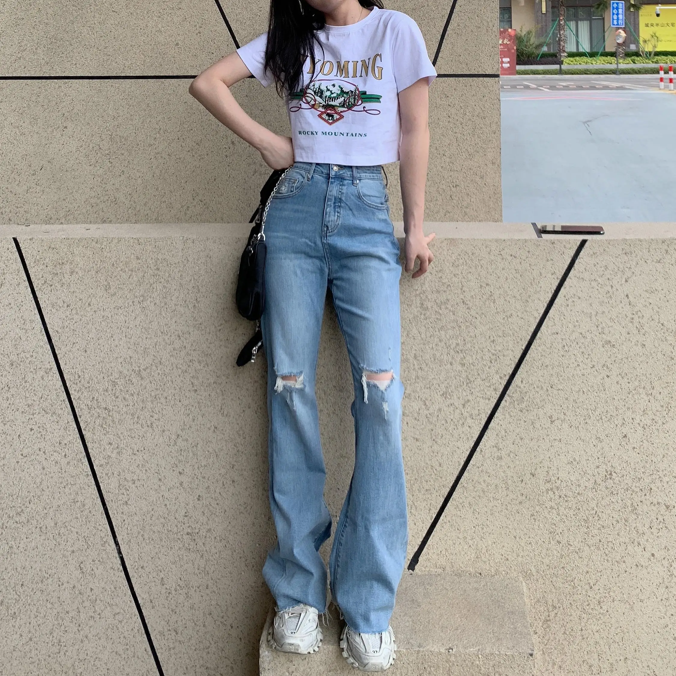 2021 Women's Micro Flare Rip Jeans Spring Summer Casual Streetwear High Waist Slim Mermaid Denim Pants Lady Long Trousers fashion casual whitish blue jeans women high waist micro flare trousers female office commuter denim pants slim trend streetwear