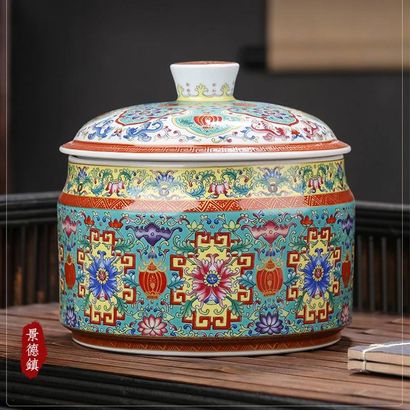 

Jingdezhen Ceramic Enamel Tea Pot Antique Large Tea Caddy Household Pu'er Wake Up Tea Storage Jar With Cover