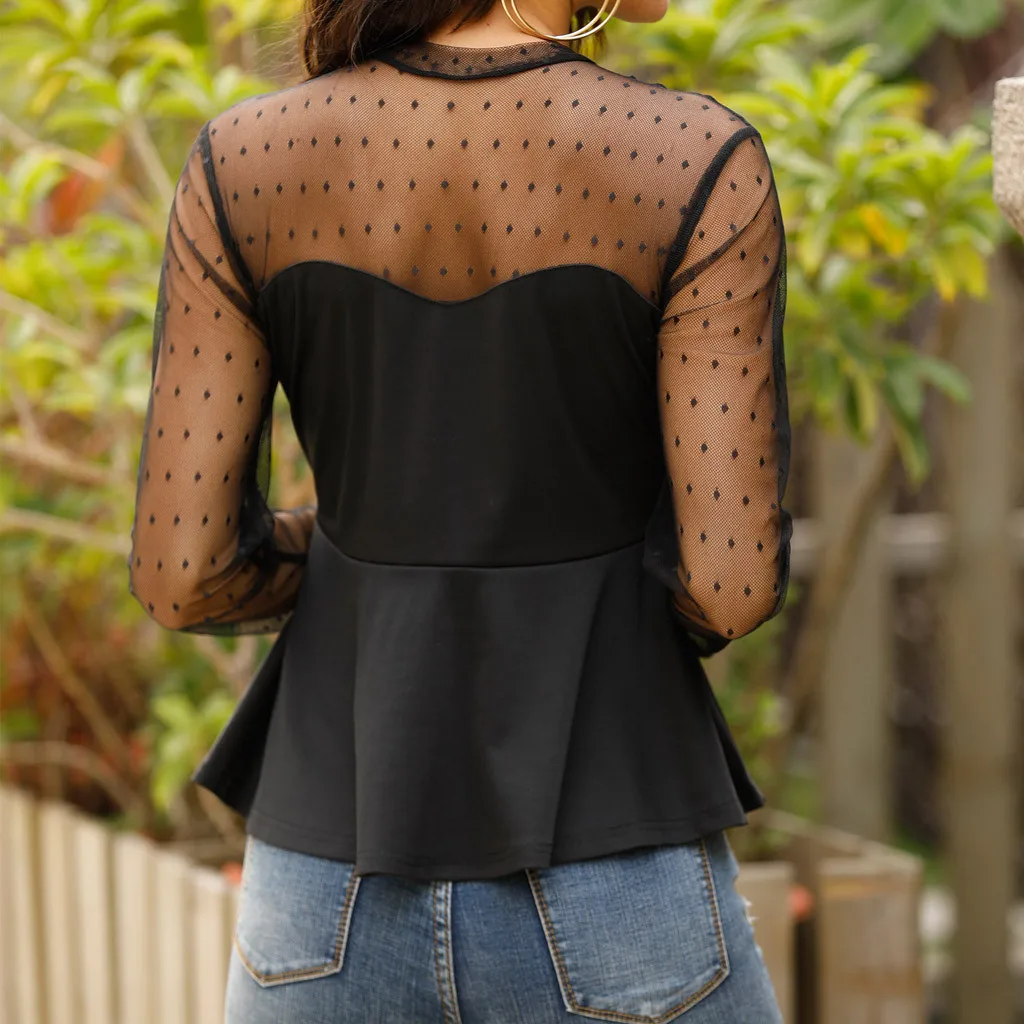 Polka Dot Sheer Mesh Patchwork Peplum Top