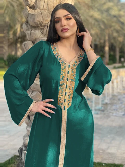 Siskakia Ramadan Eid Pink Maxi Dress For Women Modest Muslim Turkey Arabic Dubai Diamond Ribbon V Neck Long Sleeve Jalabiya 2021 4