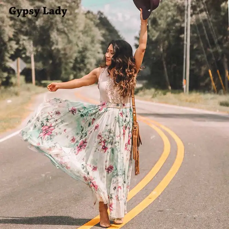 GypsyLady Цветочная Бохо длинная юбка макси эластичная плиссированная юбка с большим подолом Женская шикарная xanadu летняя юбка Новинка faldas