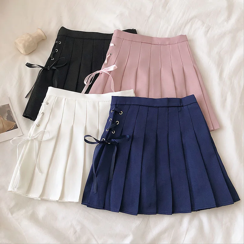 

Повседневная Корейская женская однотонная трапециевидная юбка, винтажные женские юбки с высокой талией, милые мини-юбки со шнуровкой в складку