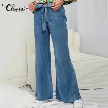 

Celmia S-5XL Fashion Women Jeans Elastic High Waist Casual Loose Denim Trousers Bow Solid Long Palazzo Vintage Wide Leg Pants