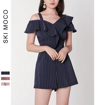 

Women One Piece Jumpsuit Off Shoulder Irregular Ruffles Bodycon Romper Summer Short Overalls Playsuit Pink Navy Bodysuit Femme