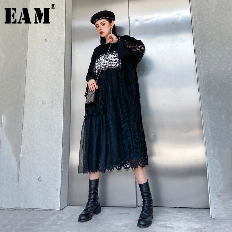 

[EAM] Women Black Lace Letter Printed Split Big Size Dress New Round Neck Long Sleeve Loose Fit Fashion Spring Autumn 2020 1R434