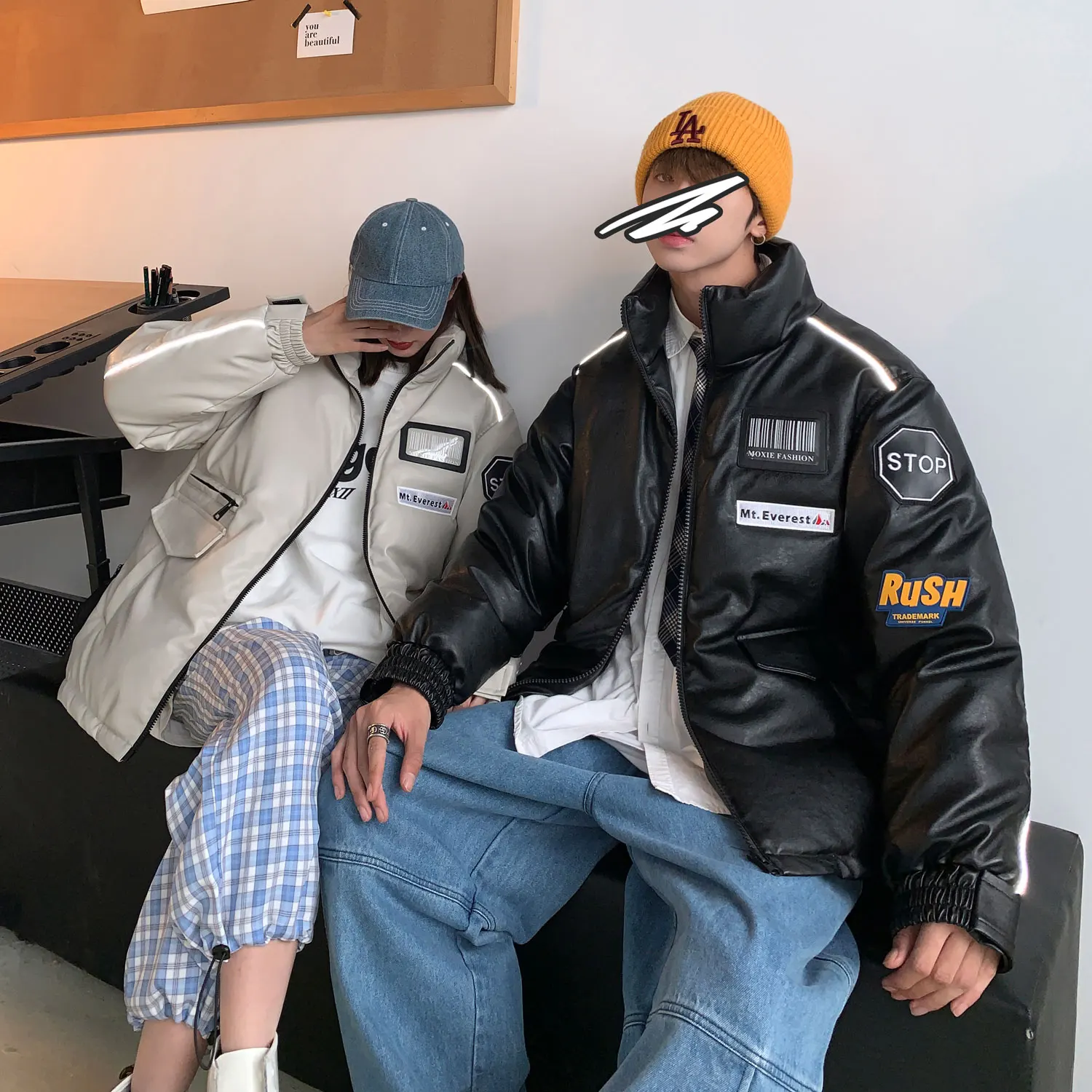 Winter new short warm lovers loose down jacket men's PU leather leisure thickened tide brand student standing collar jacket