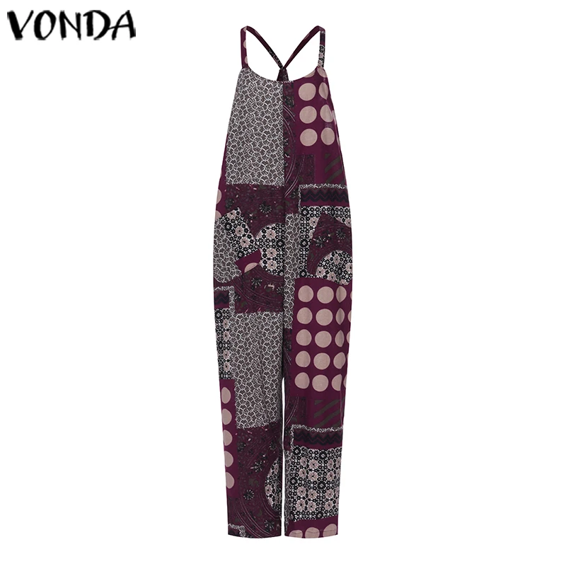 VONDA/Винтажные костюмы, женские комбинезоны, повседневные Комбинезоны без рукавов с принтом, богемные летние широкие брюки с круглым вырезом, большие размеры S-5XL
