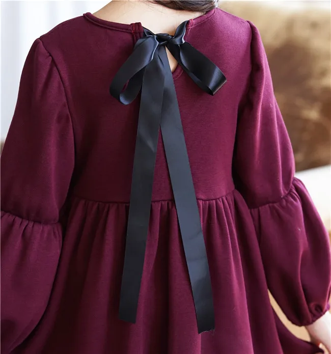 children girls fashion winter cotton fleece warm flare princess dresses kids girl long sleeve back- bow casual dress clothes