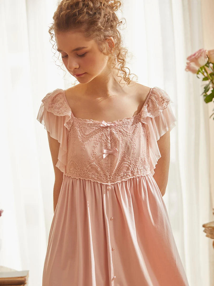 Vintage Cotton Nightgowns For Women Short Sleeve Sleepwear Summer Loose Royal  Princess Girls Short Night Dress