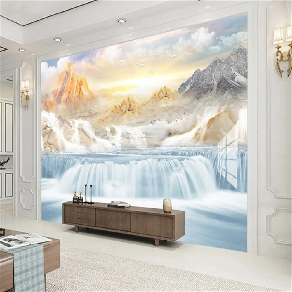 Milofi custom 3D wall paper luxury simple marble pattern high mountain flowing water TV background wall non-woven wallpaper