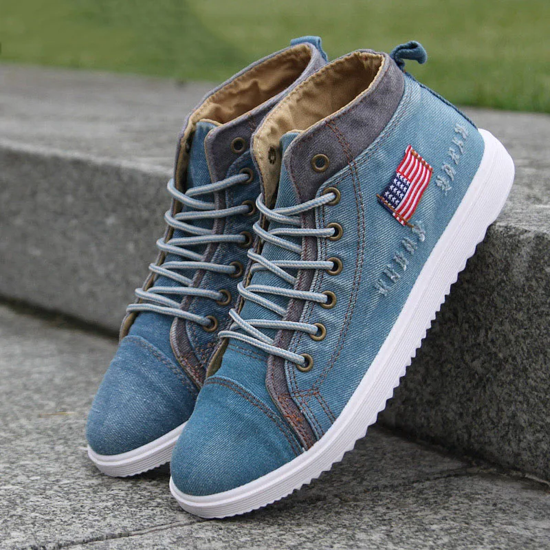 

British Style Men Casual Shoes Denim Canvas Shoes Men Sneakers High Top Black Man Ankle Boots Flat Footwear Chaussure Homme
