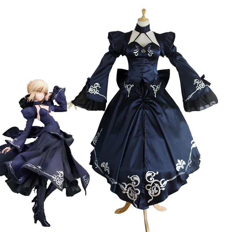 Hot Game Fate Stay Night Alter Saber Cosplay Costume Halloween Carnival Uniforms Women's Fashion Black Satin Dress Custom Made