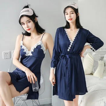 

Pajama women summer thin ice silk sexy nightdress Nightgown two piece suit suspender sleepdress with breast pad