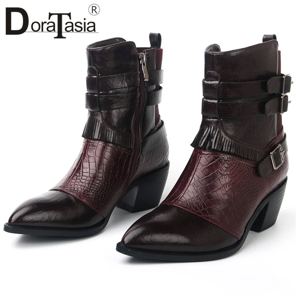 

DORATASIA New Big Size 34-42 Retro Fretwork Ladies Vintage Fringe Ankle Chelsea Boots Women 2019 High Chunky Heels Shoes Woman