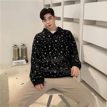 

Autumn Winter Men Velvet Shining Hooded Sweatshirt Male Streetwear Hip Hop Loose Casual Pullover Hoodie Outerwear