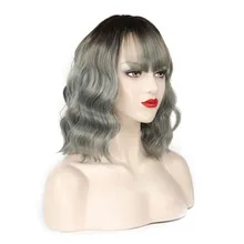 Pervado волосы боб парик естественная волна Синтетический серый омбер парики с челкой для женщин 1" Плечо Длина термостойкие косплей парики