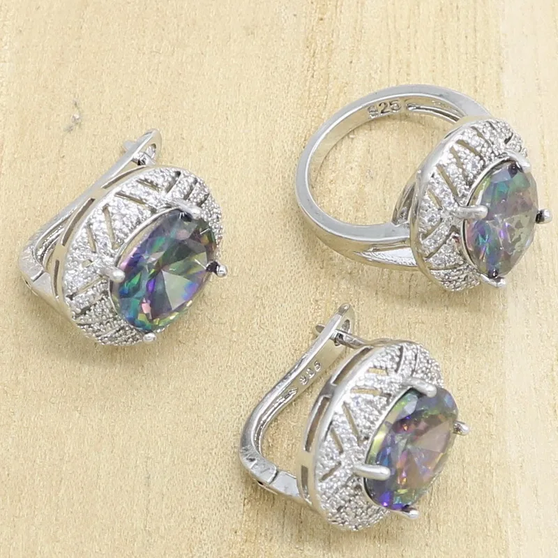 Silver Color Jewelry Set for Women Rainbow Cubic Zirconia Hoop Earrings Necklace Pendant Ring Party Birthday Gift