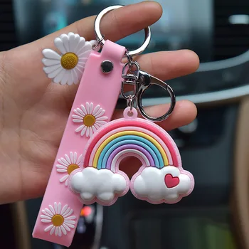 

New Lovely Cute Rainbow Key Chain Leather Strap Braided Rope Tassel Keychain for Women Girl Bell Star Lollipop Bag Charm Pendant