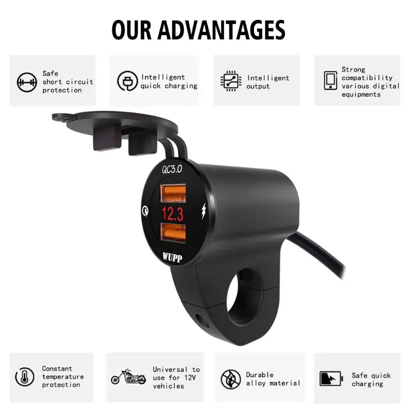 Металлический 12V мотоциклов Водонепроницаемый QC3.0 Dual USB быстрой Зарядное устройство Светодиодный переключатель вольтметра для телефонов gps Камера навигации