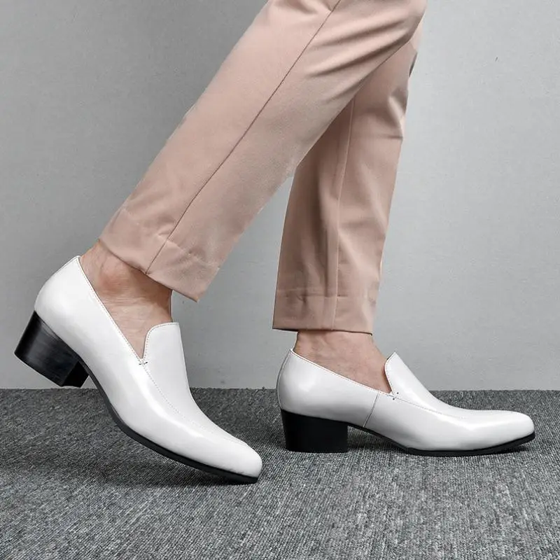 Mens High Heel Men Shoes Black White Genuine Leather Wedding Dress Shoes Pointed Toe Slip On Business Office Work Heighten