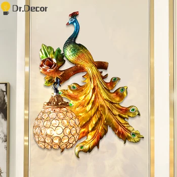 

Vintage Crystal Peacock LED Wall Lamp Modern Creative Living Room Kitchen Industrial Indoor Home Decor Corridor Wall Sconce Lamp