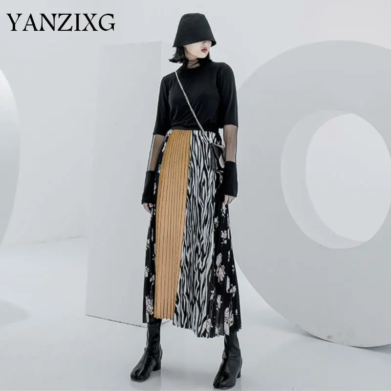 

Tide Patchwork Hit Color Midi Skirt High Waist Print Pleated Chiffon Skirt Elastic Waist A Line Match All Autumn S463