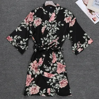 

Black Kimono Robe Women Wedding Bride Bridesmaid Gown Sleepwear Floral Bathrobe Sexy Short Night Nightwear Bath Nightgown M-XXL