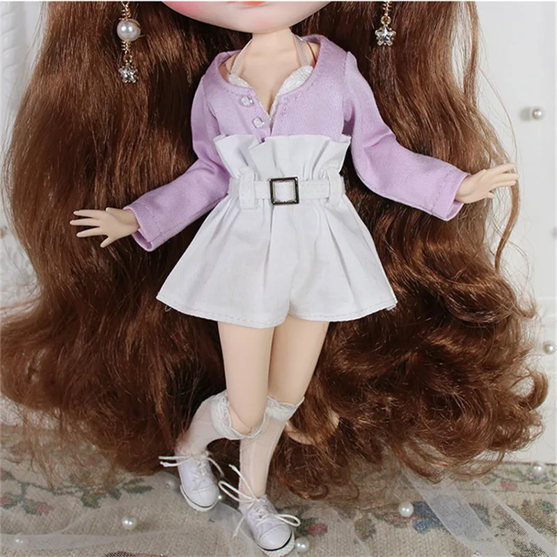 Одежда Blyth doll белый кружевной фиолетовый кардиган с высокой талией шорты и Костюмные носки для ледяной Licca