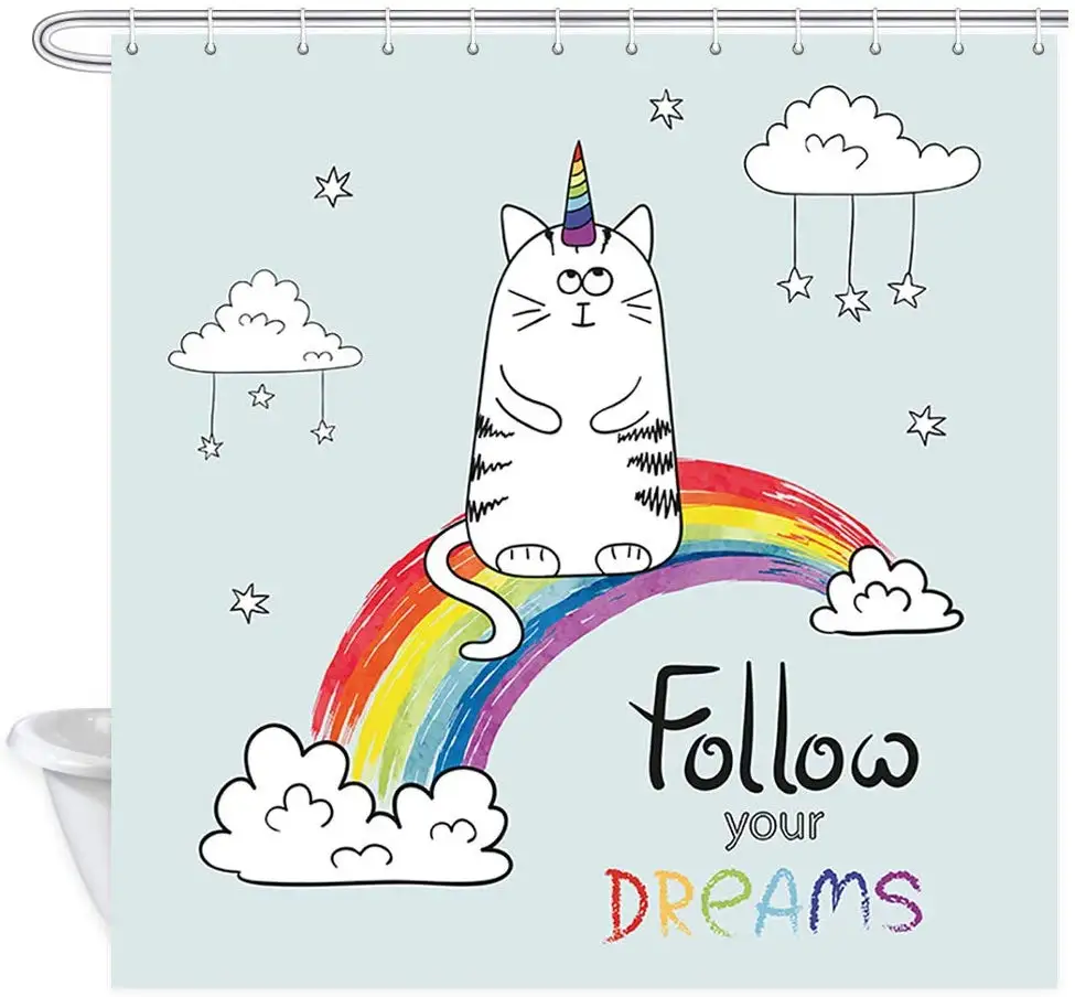 

Cute Cat Unicorn on Rainbow for Kids Decor Follow Your Dreams Polyester Shower Curtains