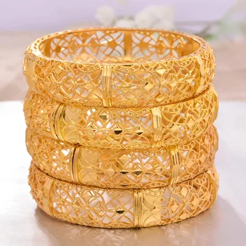 

ANNAYOYO 4Pcs/lot 24K Ethiopian Gold Bangle for Women Wedding Bride Bracelets Gold Color Jewelry Middle East African Bride Gifts