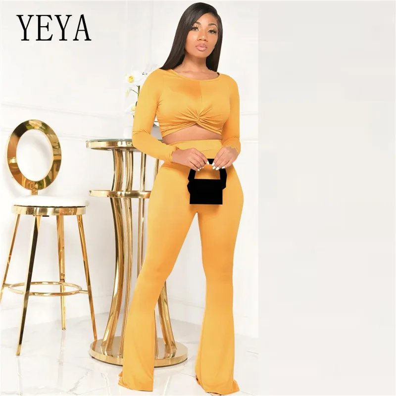 

YEYA and Two Piece Sets Round Neck Long Sleeve Crop Top+ High Waist Wide Leg Pant Casual Streetwear Outfit