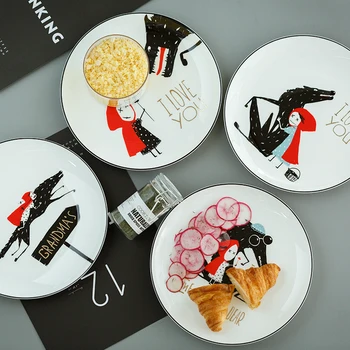 

8 Inch Black Edge of Bone China Plate Ceramic Little Red Hat Plate Tableware Dinner Set Steak Plate Dim Sum Dinner Plates