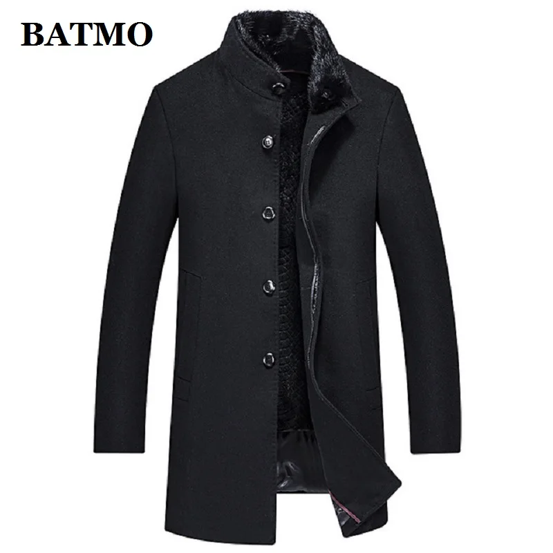 BATMO, шерсть, натуральный норковый меховой воротник и подкладка из меха кролика, 90% белая утка, мужские куртки, мужские зимние шерстяные пальто, 8875 - Цвет: Черный