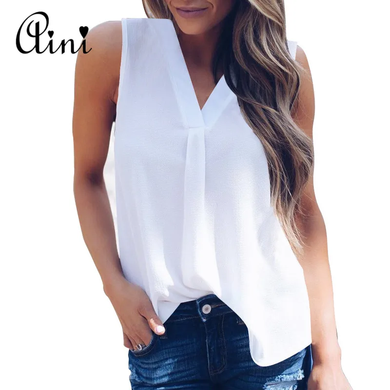 Plus Size 5XL Women Blouse and Tops Summer Top Casual Loose Sleeveless Solid V-neck Chiffon Blouses Female Shirts Vest Blusa