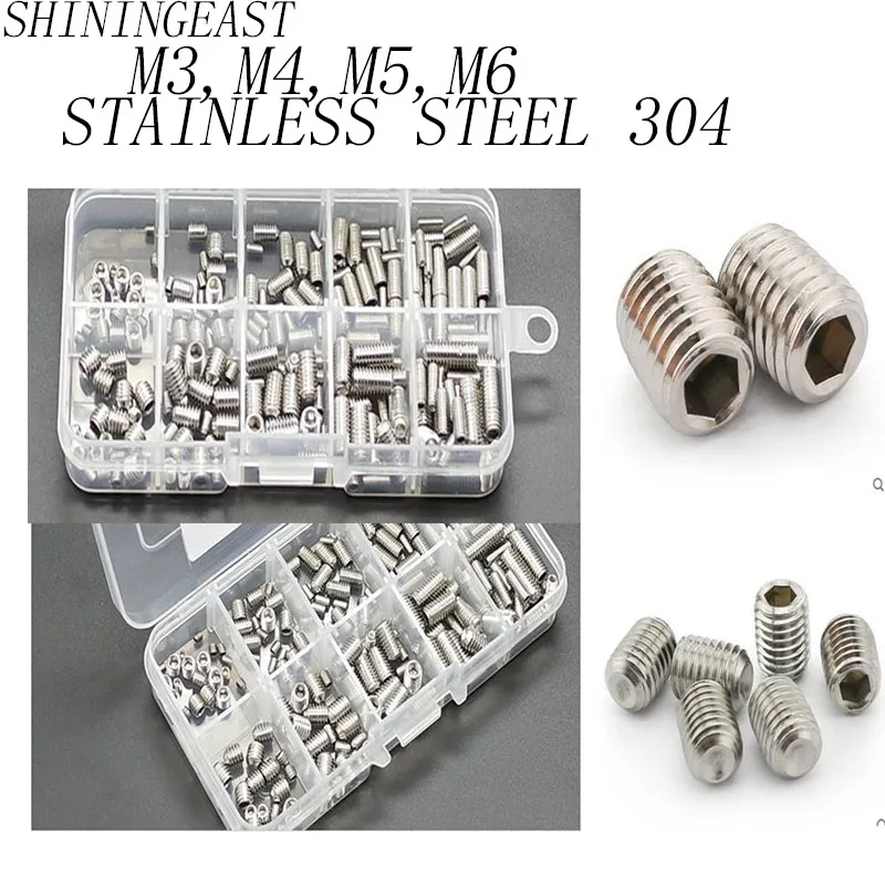 

200pcs/lot M3/4/5/6 stainless steel 304 hex socket set screw M3 grub screw with box assortment kits hardware fasteners84