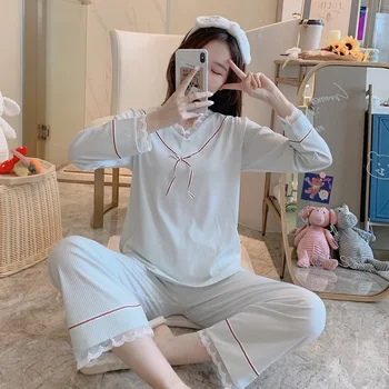 

Female 2PCS Sexy V-Neck Top&Pant Nightwear Sweet Lace Bow Trim Pajamas Set Casual Cotton Home Clothes Autumn New Sleepwear